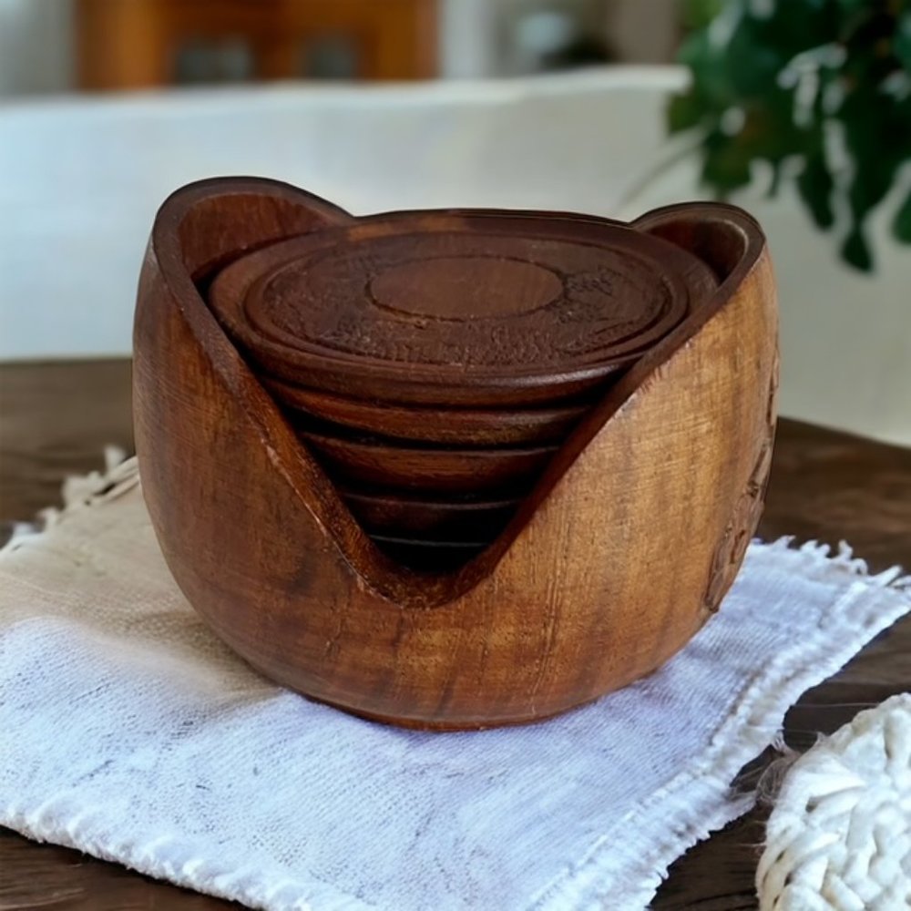 Vintage Hand Carved Sheesham Wood Coasters ( 5)  w/ Floral Carved Holder - Picture 4 of 9